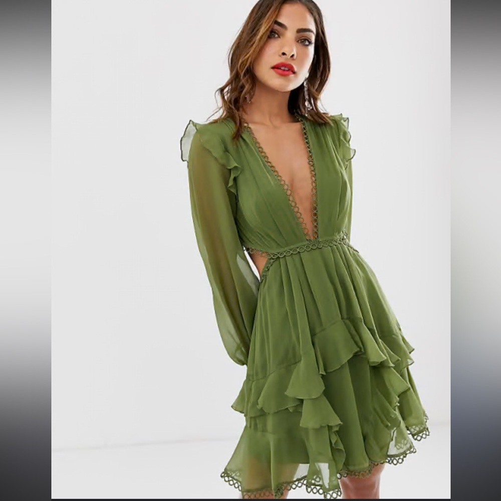 Olive Green Long Sleeve Romantic V Neck Ruffle Mini Dress size small